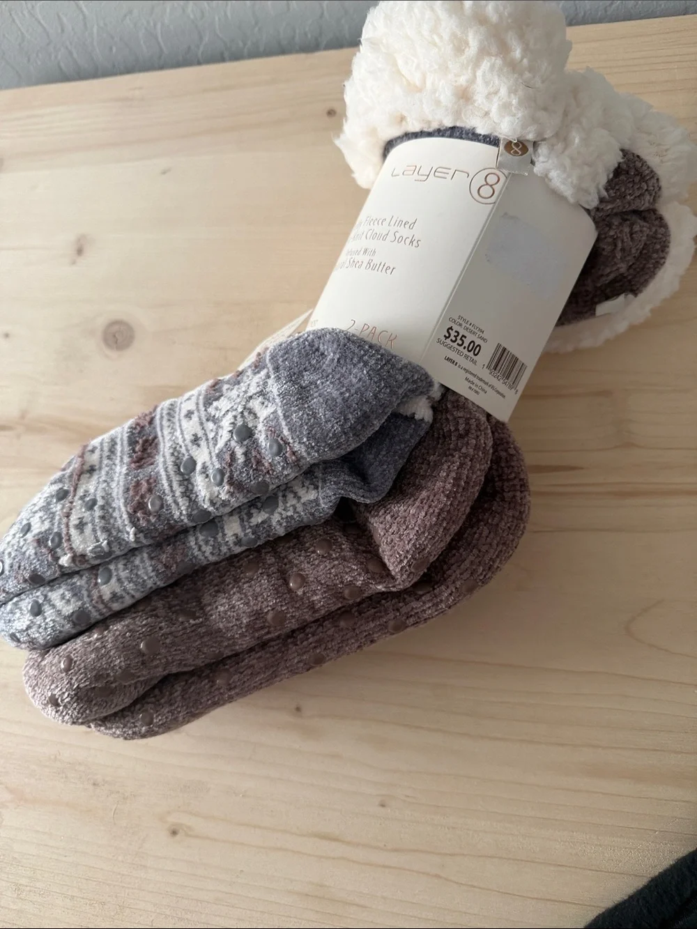 Layer 8 Plush Fleece-Lined Cable & Patterned Home Socks - 2Pack-Gray,Cream&Brown